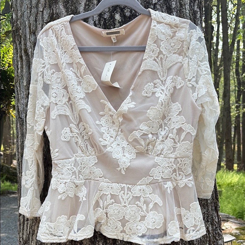 Cream Peplum Wrap Blouse with 3/4 Sleeves